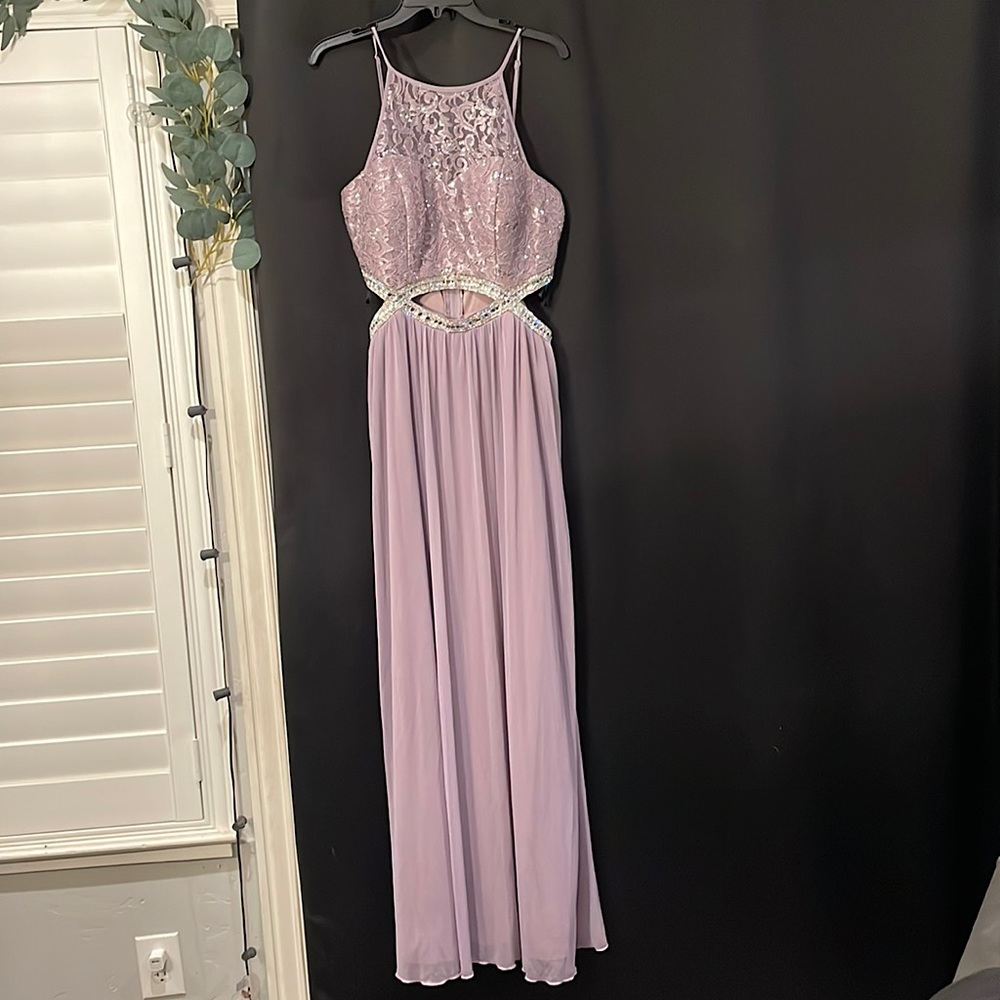 Light Purple Bedazzled, Lace Cut Out Gown